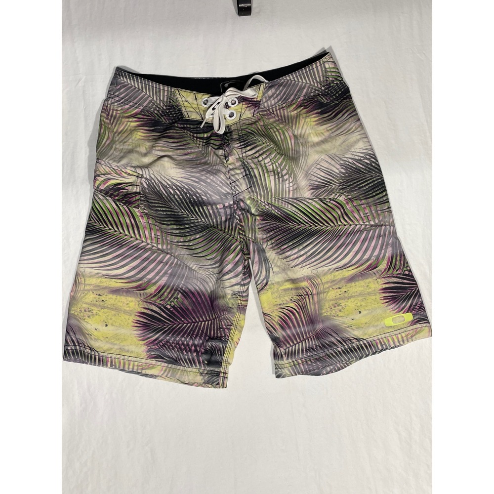 Oakley Mens Tropical Palm Leaf Board Shorts Purple Yellow Size 33 Swim Trunks